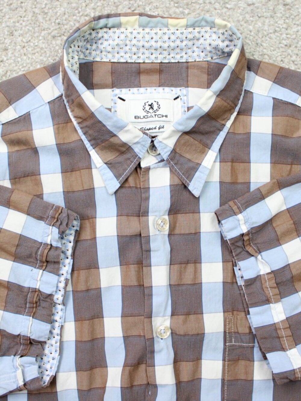 Bugatchi Uomo Shirt Mens Medium Brown/Blue Check Shaped Fit Cotton Short Sleeve